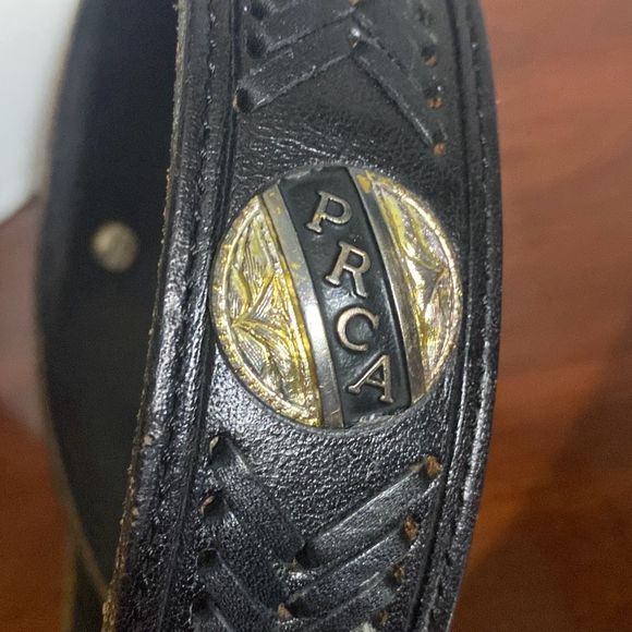 PRCA Rodeo Black Tooled Leather Belt Metal Buckle with Mother of Pearl Adult 34 main image 8